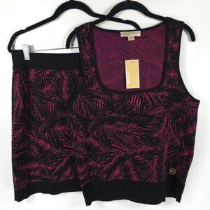 NWT MICHAEL KORS Women Two Pieces Set Top/Skirt Knit Electric Pink/Black